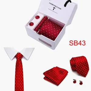 Men Red Polka Dot Tie Pocket Square Cufflinks Set Wedding Suit Gift Box Accessories