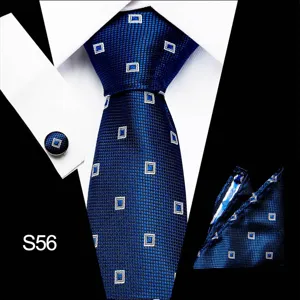Formele blauwe stropdas pochet manchetknopen set voor heren met geometrisch patroon.