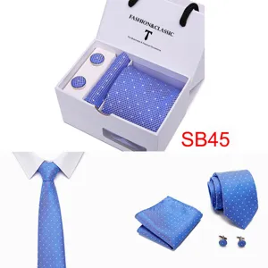 Blue polka dot tie set with pocket square and cufflinks in a gift box for men's business.