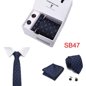 Men's blue patterned tie pocket square cufflinks gift box set for wedding business suit wear.