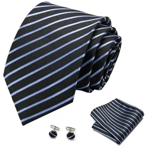Heren zwarte gestreepte das pochet manchetknopen set voor formele zakelijke kleding.