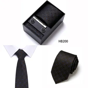 Detailed view of men business jacquard tie set featuring blue dotted pattern and packaging box.