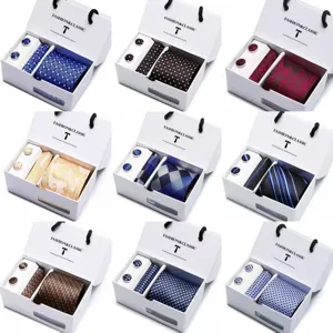 Men Business Wedding Striped Jacquard Tie Boxed Cufflinks And Pocket Square Set Formal Wear Rayon Necktie Gift