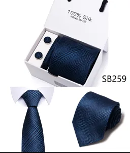 Heren blauwe zijden das set met pochet manchetknopen elegante geschenkdoos.