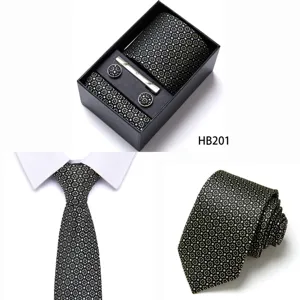 Men's business tie set detailed view, showcasing woven jacquard tie, pocket square and accessories.