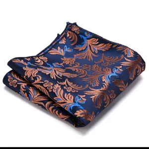 Men's silk pocket square vintage blue bronze floral print handkerchief formal suit accessory