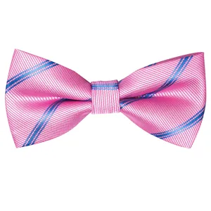 Men's pink polyester bow tie with blue diagonal stripes for business wedding party main view.