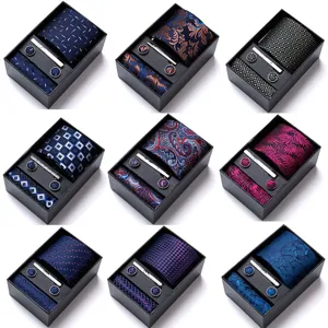 Men's Business Tie Set Jacquard Silk Tie Pocket Square Cufflinks Tie Clip Gift Box Formal Wedding Party Suit Neckwear