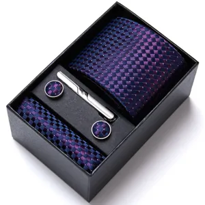 Men's business blue purple jacquard woven tie pocket square cuff links set main view