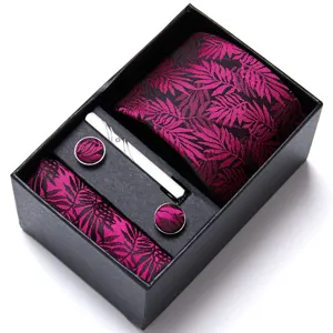 Men's business tie set with jacquard leaf pattern, pocket square, and cufflinks.