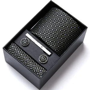 Men business jacquard tie set with pocket square cufflinks tie clip elegant gift box pack