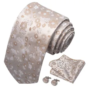 Champagnekleurige bloemen jacquard stropdas pochette en manchetknopen set voor heren.