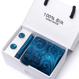 Heren luxe zijde paisley das set met manchetknopen pochet in geschenkdoos cadeau
