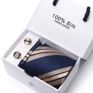 Heren zijden das cadeaupakket met bijpassende manchetknopen en pochet in blauw en goud.
