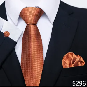 Heren oranje jacquard stropdas pochet en manchetknopen set gedetailleerd overzicht.