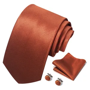 Heren stropdas pochet manchetknopen set in roestbruin met textuur voor formele bruiloft.