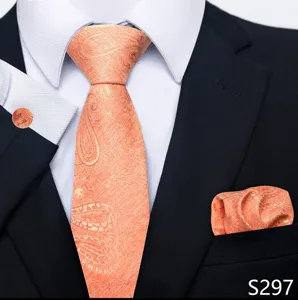 Heren Oranje Paisley Stropdas Pochet Manchetknopen Trouwen Formele Set Detail