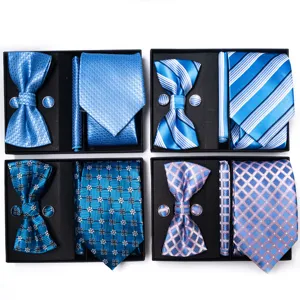 Corbata de Negocios para Hombre Boda Jacquard Cuadrados Flecha Pañuelo Gemelos Set Caja de Regalo Novio