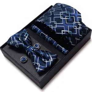 Elegante conjunto de corbata pañuelo pajarita gemelos jacquard geométrico azul hombre.