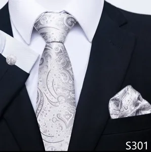 Detailopname van zilverkleurige paisley patroon stropdas pochet en manchetknopen set.