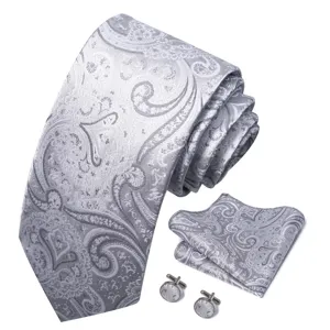 Heren zilver grijs paisley stropdas pochet manchetknopen set trouw zakelijke mode