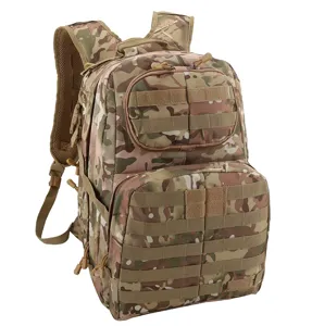 Detailed view of the tactical camo backpack featuring MOLLE webbing system and durable straps.