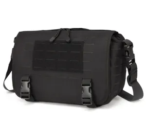 Details of black tactical messenger bag, featuring durable material and secure buckle closure.