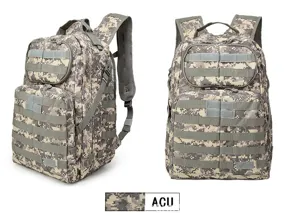 Close-up detail view of ACU digital camo tactical backpack with multi-pocket design.