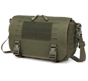 Tactical messenger shoulder bag detail showing MOLLE webbing system and durable buckles.