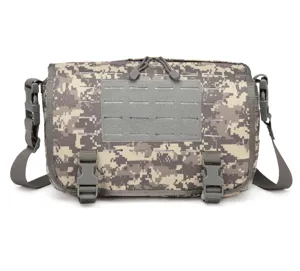 Digital camo tactical shoulder bag featuring MOLLE webbing panel and double buckle closure detail.