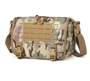 Multicam tactical shoulder bag detailed view, durable camo messenger bag with MOLLE panel.