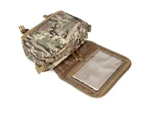 Detailed view of tactical camo utility pouch with MOLLE webbing and transparent tablet slot.