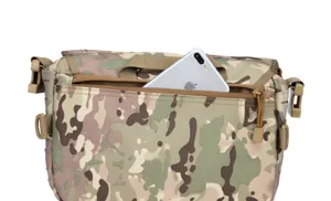 Camo tactical messenger bag detail shot, showing zipper pocket with phone storage design.