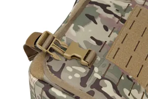 Detail shot of tactical camouflage laptop backpack featuring durable buckle and molle webbing system.