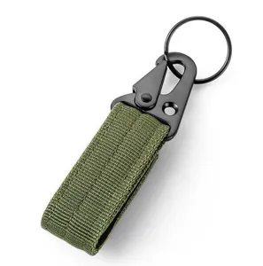 Close-up of tactical nylon webbing keychain with durable alloy carabiner and metal ring.