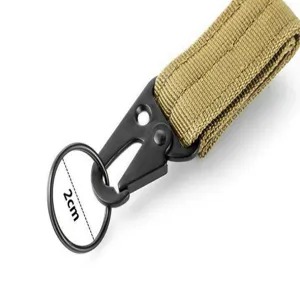 Tactical webbing keychain with metal snap hook and D-ring, durable outdoor gear accessory.