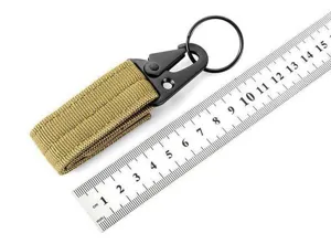 Tactical webbing keychain with black metal carabiner and keyring for outdoor gear use