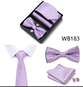 Ensemble cravate nœud papillon boutons de manchette jacquard violet détails col.
