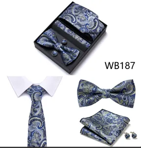 Ensemble Cravate Noeud Papillon Pochette Boutons de Manchette Bleu Paisley Homme