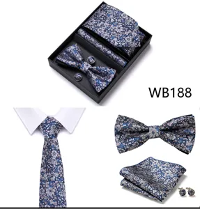 Ensemble cravate noeud papy poche boutons de manchette motif floral bleu mariage.