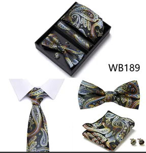 Elégant ensemble cravate pochette boutons de manchette jacquard cachemire détails.