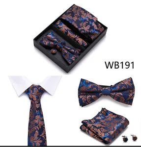 Coffret cravate nœud papillon boutons de manchette homme, jacquard floral bleu.
