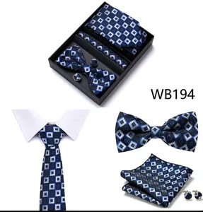 Coffret cravate nœud papillon pochette boutons de manchette homme jacquard géométrique bleu