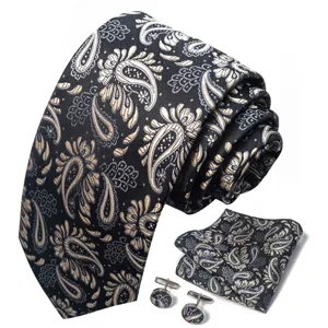 Heren zwart goud paisley jacquard stropdas pochette manchetknopen set voor bruiloft