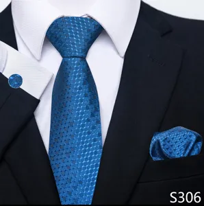 Detail blauwe jacquard das pochet manchetknopen set heren formele zakelijke kleding