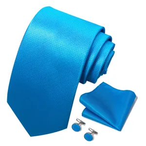 Heldere blauwe heren jacquard stropdas pochet manchetknopen set formele detail weergave