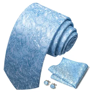 Lichtblauwe jacquard stropdas pochett en manchetknopen set voor zakelijke trouwformele kleding.