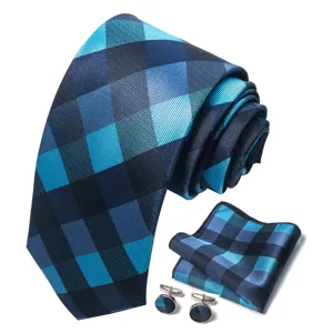 Set blauwe geruite das pochette manchetknopen heren zaken bruiloft formele kleding