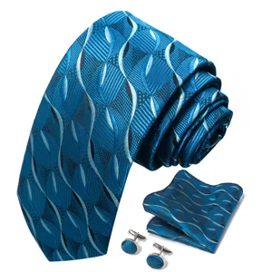 Heren Blauw Jacquard Stropdas Pocket Sachet Manchetknopen Set Bruggen Formeel
