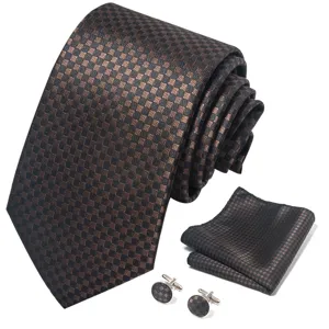 Bruine geruite heren stropdas set met pochet en manchetknopen voor formele zakenkleding en feesten.